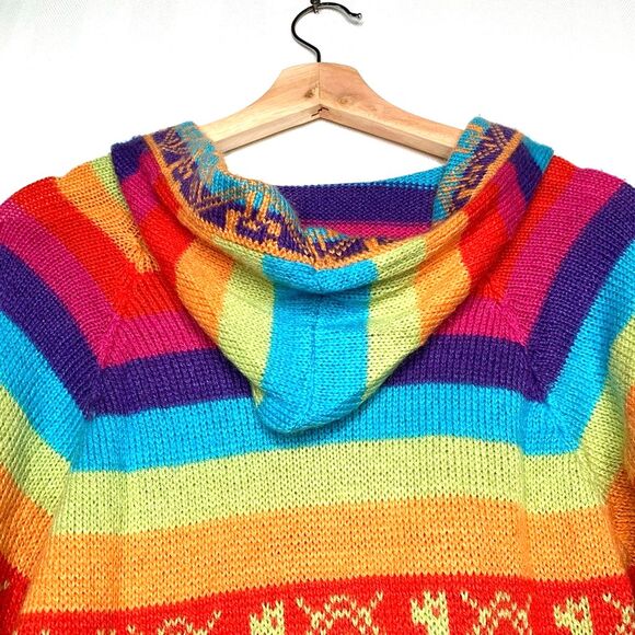 Cardigan Sweater Womens Multicolor Llama Rainbow Long Sleeve Hooded Boho S - Picture 8 of 11